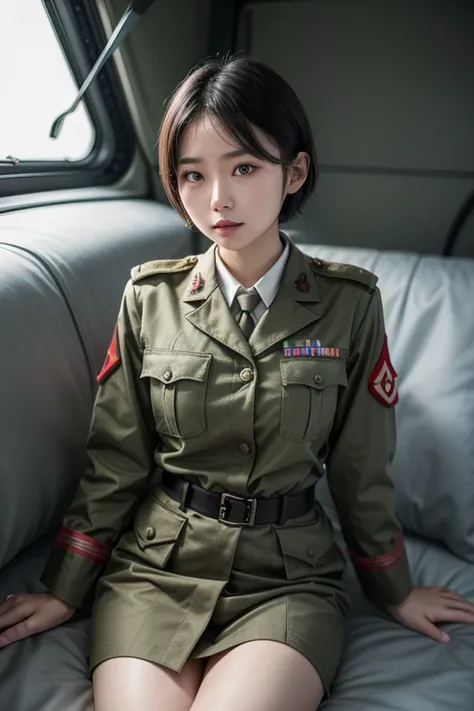 Asian girl woman short hair uniform military helicóptero