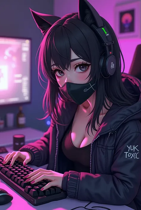 Sexy and cute female anime character, 22 years old, gamer, Pc gamer,  gamer keyboard , Mause gamer, gamer video game controller, Gamer ear plug with fake cat ears, long black hair, black eyes, black cloth flu mask, large cold coat written YUK TOXIC dark pu...