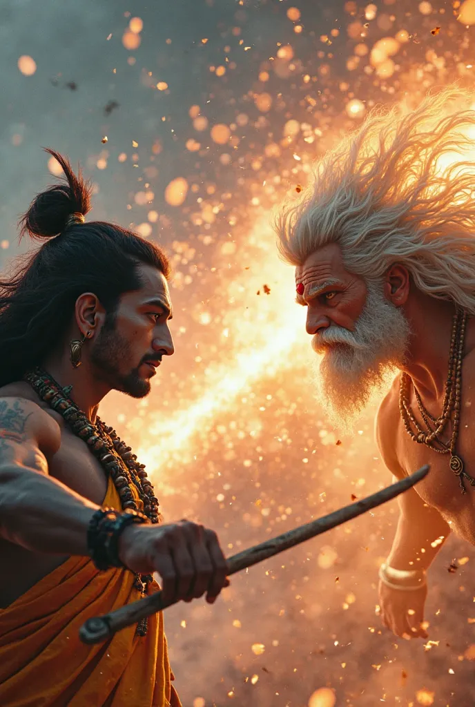 A visually stunning cinematic moment where Lord Shiva and Zeus unleash their final attacks. Shiva’s Trishul radiates pure cosmic energy, while Zeus hurls his thunderbolt with godly force. The impact creates a colossal explosion of divine light, tearing thr...