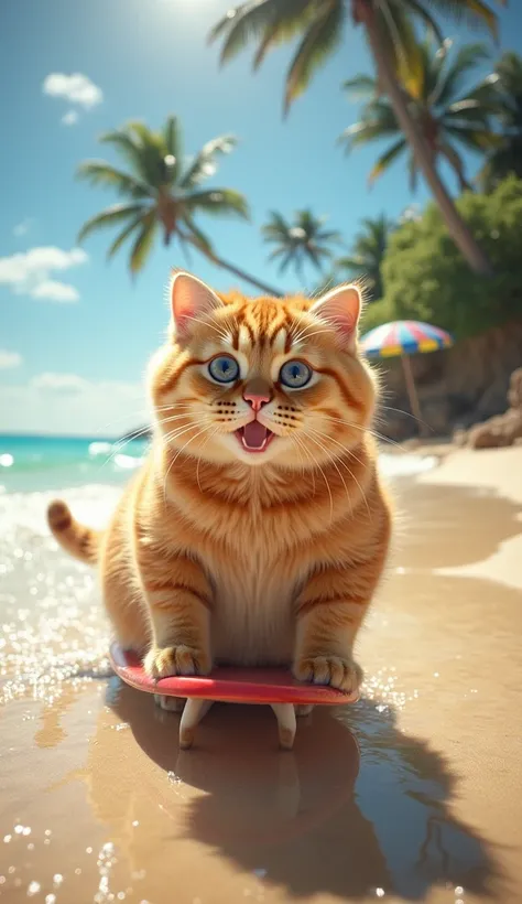 A joyful, adorable fluffy orange tabby cat with darker stripes, large expressive blue eyes, stands on a tropical beach, holding a small surfboard. The sun shines brightly, casting a warm golden glow. The turquoise ocean waves gently touch the sandy shore. ...