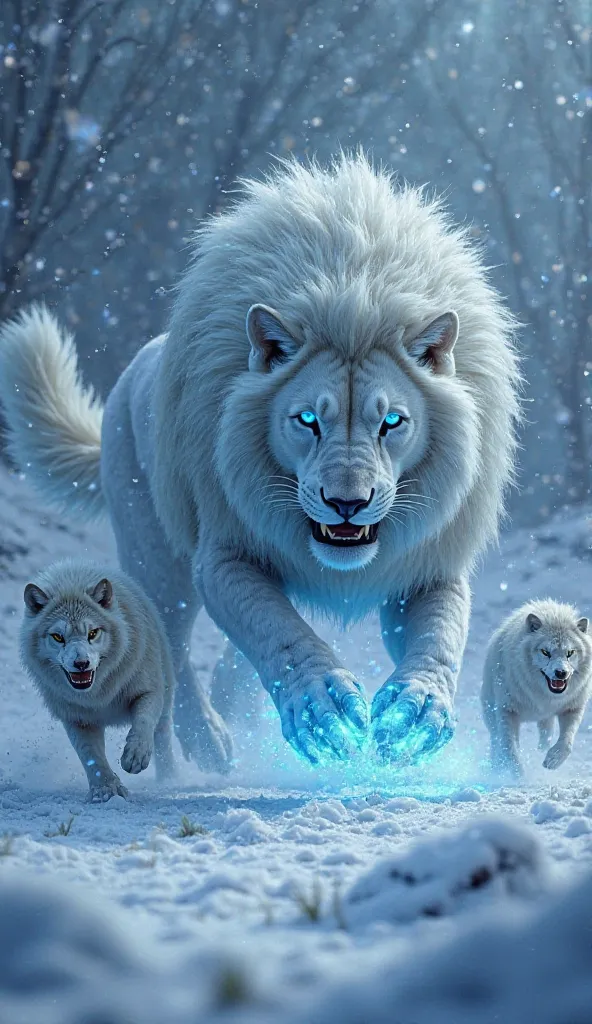 """""A freezing storm rages as Monster Lion fight battles against a pack of Ice Wolves. Their glowing blue eyes lock onto the Lion, frost coating their fangs. The Lion's burning claws melt the snow beneath it. The hunt turns into a war of survival—who will...