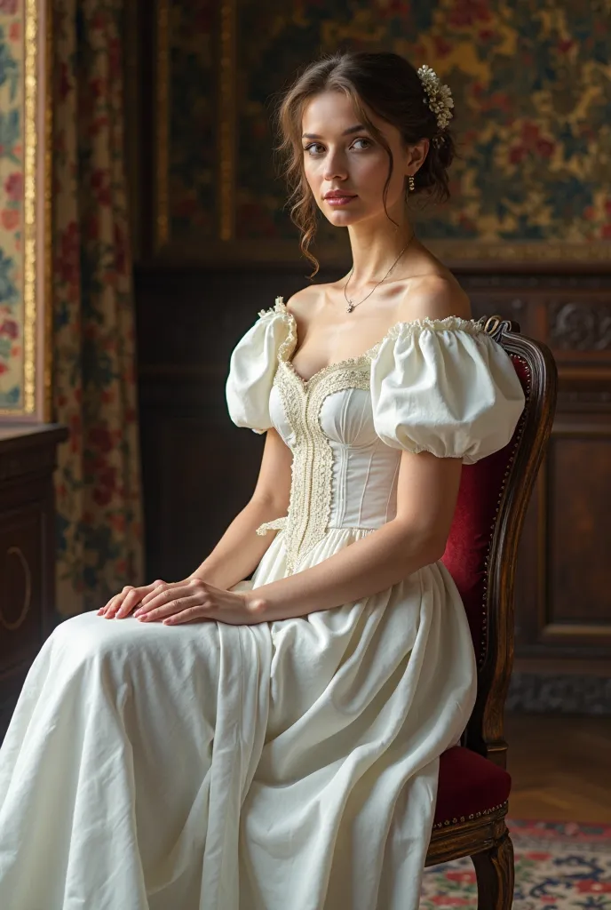 Beautiful woman sitting on a chair, inspired by Alexandre Cabanel, renaissance, beautiful long white dress, white russian clothes, wearing a tudor style dress, ultra high res, (photorealistic:1.4), cinematic