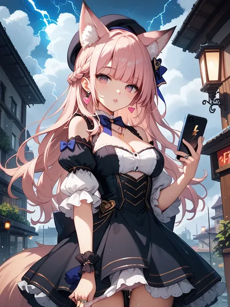 long hair,looking at viewer,bangs,eyebrows visible through hair,dress,long sleeves,animal ears,bare shoulders,jewelry,purple eyes,standing,detached sleeves,outdoors,cloud,black dress,fox ears,animal ear fluff,cloudy sky,building,rain,electricity,shoulder c...