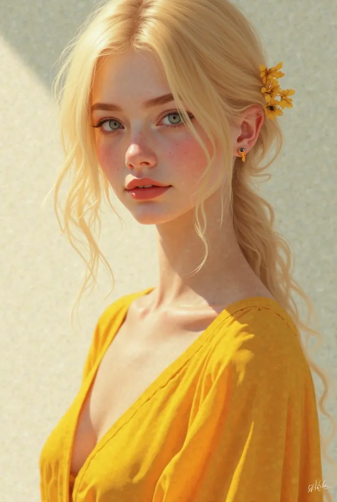 Blonde girl looking straight ahead wearing a yellow dress and a small yellow decoration on the right side of her hair