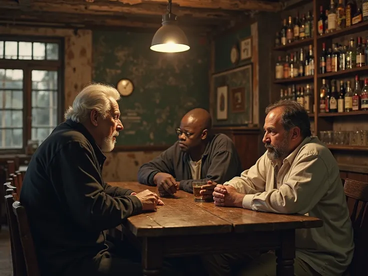 In a medium shot, inside a rustic, old bar with a weathered, worn-out atmosphere, an elderly man with deep wrinkles and a weathered face is approaching a wooden table where three men are seated. The elderly man is walking towards the table and is starting ...