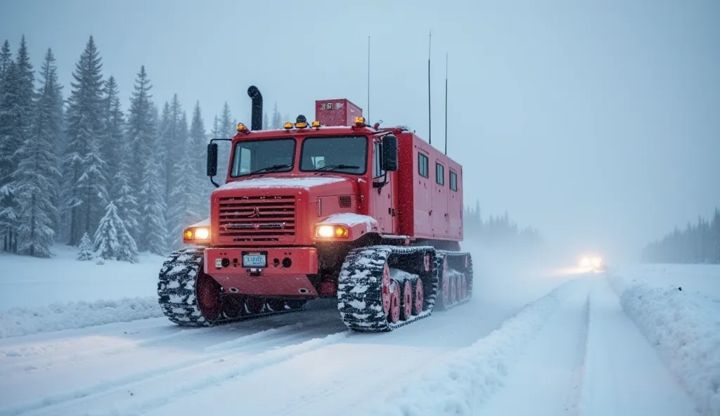 A rugged all-terrain tracked vehicle, painted bright red, traversing through a vast, snow-covered landscape in extreme winter conditions. The vehicle has a reinforced body, large caterpillar tracks for enhanced mobility, and multiple antennas on the roof, ...