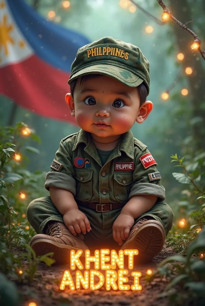 Highly detailed digital painting of a baby soldier sitting in a lush jungle. The baby wears a camouflage uniform with name patches, a cap labeled 'PHILIPPINES,' and rugged combat boots. A Philippine flag waves in the background, with glowing fairy lights h...