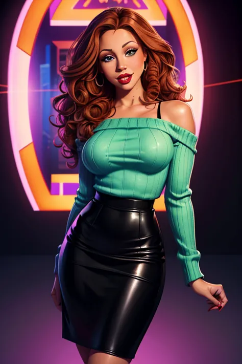 A full-body portrait of a beautiful female of mixed Irish and Latinx ancestry. Her facial features are a combo of Mariah Carey + Erin Kellyman. The female has long, thick, and curly medium-auburn hair that hangs loose about her shoulders. The female has fr...