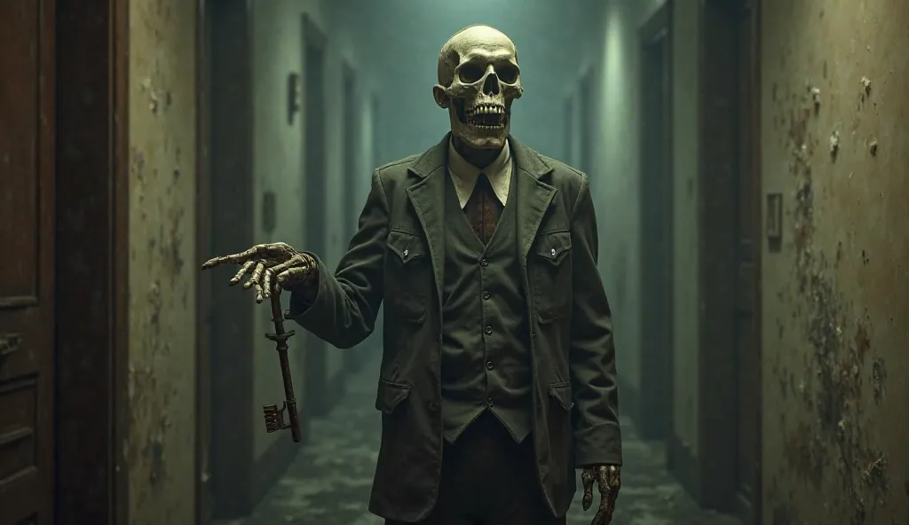 A skeletal bellboy – A hotel bellboy in a dusty uniform stands in the hallway, his flesh barely clinging to his bones. He holds a rusted key, his lifeless grin wide.