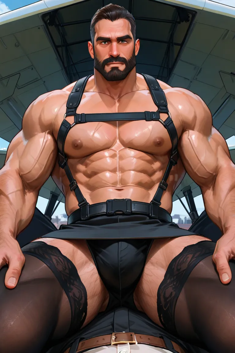 Arnold schwarzenegger (actor)  1Boy. Muscular man, manly man, vigorous man, powerful man. Male bodybuilder. Virile man., first plane, Looking at viewer, close-up, wearing black thigh-high stockings and a miniskirt, as well as a black gay harness