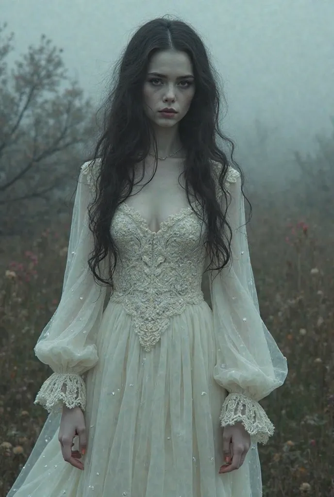 a goth woman in white dress, russian 