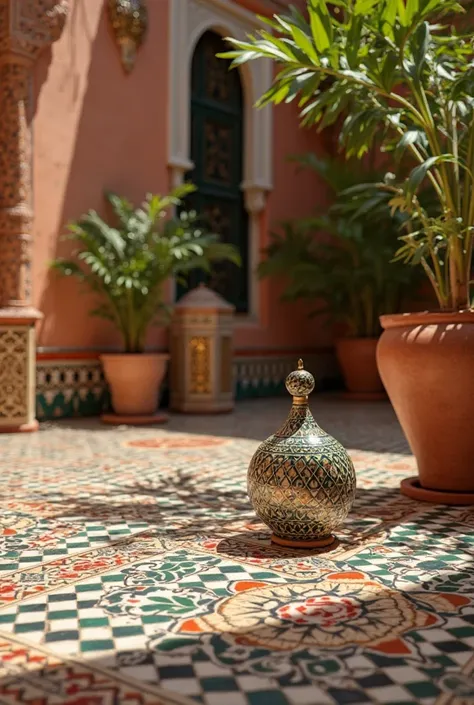 on a mosaic tile floor, surrounded by geometric patterns, bathed in warm Mediterranean sunlight, in an opulent Moroccan riad, vibrant colors, lush green plants as accents, terracotta pots and intricate lanterns in the background, rich textures and shadows,...