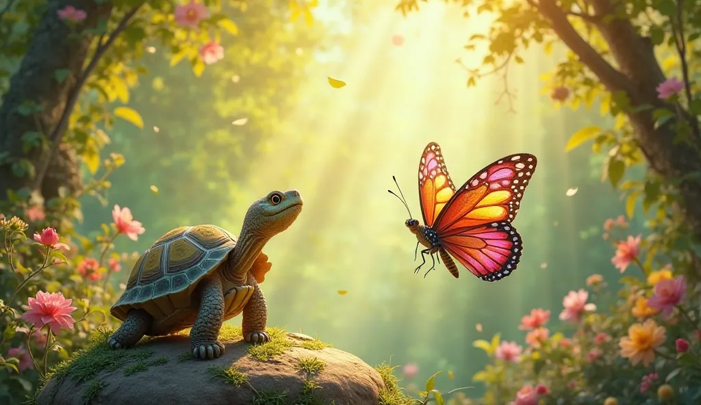 "A vibrant enchanted garden with lush green trees, colorful flowers, and soft golden sunlight filtering through the leaves. In the center, a proud and cheerful butterfly with dazzling, multicolored wings flutters in the air, while a gentle tortoise with a ...