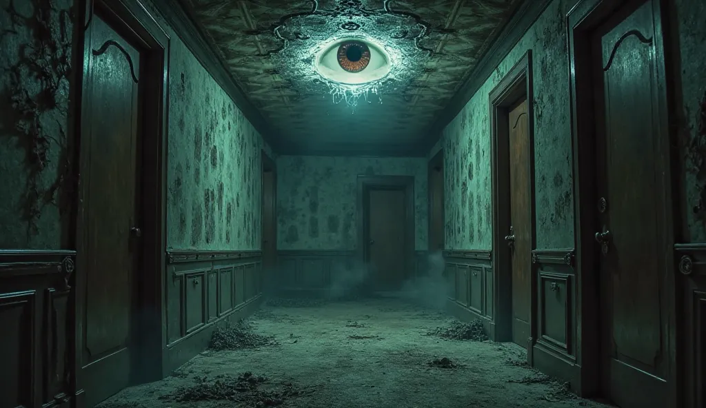 The endless nightmare – The entire hotel appears twisted, reality distorted. The walls pulse like breathing flesh, doors lead to nowhere, and in the center of the chaos, an unblinking eye watches from the ceiling.