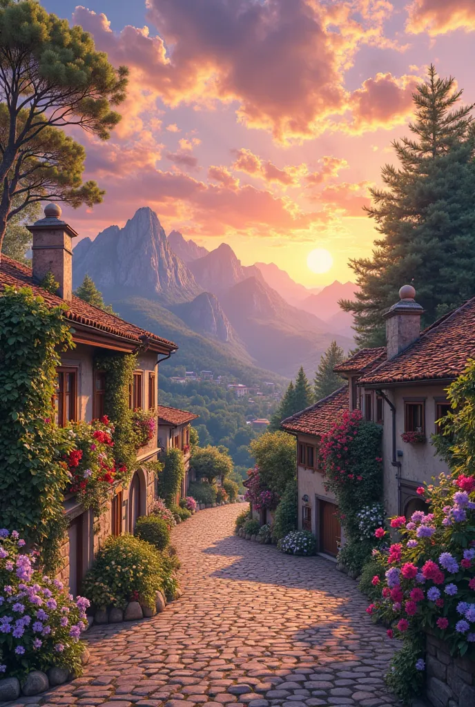 r, mountains in the background, floral flowers colorful, detailed landscape, Beautiful natural landscapes, atmospheric lighting, scorching sunset, warm colours, practical, photopractical, Detailed Foliage, complex buildings, cobblestone street, Charming co...