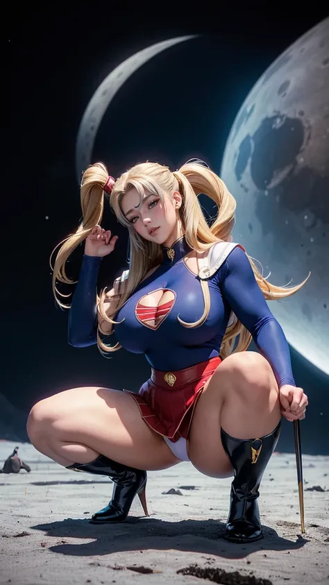 sailor moon , long blonde hair , piercing blue eyes, squatting, front view, perreo, full body, blue miniskirt, Red boots, , , voluptuous body, on the Moon, gato grande negro , black cat in the legs, (( squatting,  )),
