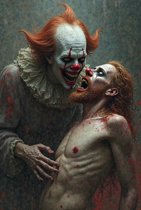 The demon clown is swallowing the soul of Jesus Christ and controlling him like a puppet.