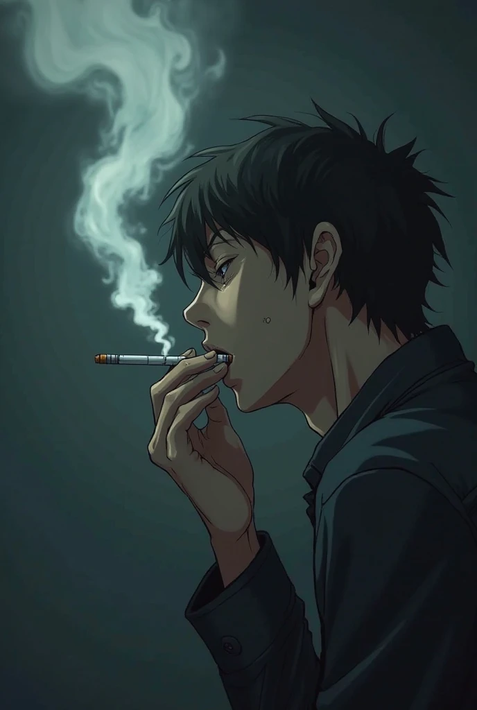 An anime style man smokes a cigarette suddenly he starts coughing violently.  His face looks pale and his body trembles.  He tries to stand but collapeses,  struggling to breathe.  The scene has cinematic lighting and smooth animation