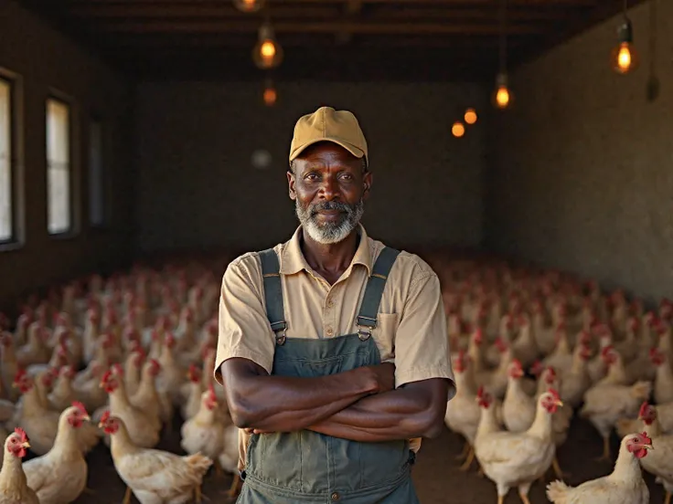 Un éleveur africain d'environ 45 ans dans un élevage de poulets. Teint foncé, visage ovale, barbe de quelques jours et casquette de travail. Il porte une chemise à carreaux et un pantalon de travail. Il se tient devant un bâtiment d'élevage rempli de poule...