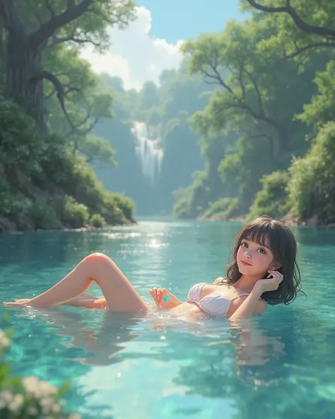 Anime with white bikini bathing in the river 