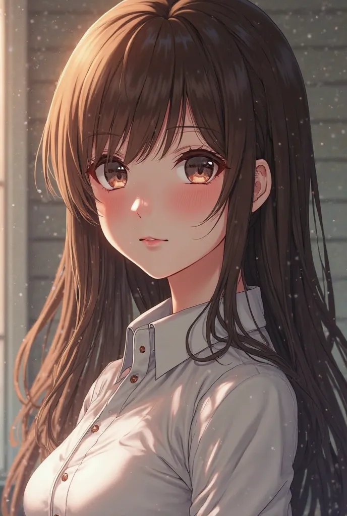 Long brown-haired anime girl, realism art style , Perfect , 4D anime style  Realistis, Tifa Lockhart brunette, hyper  realistic shadow  , photorealism art style , 🌺 CG Society ,  realistic shadow  , Detailed animation, 4D anime style , Wearing a white shir...