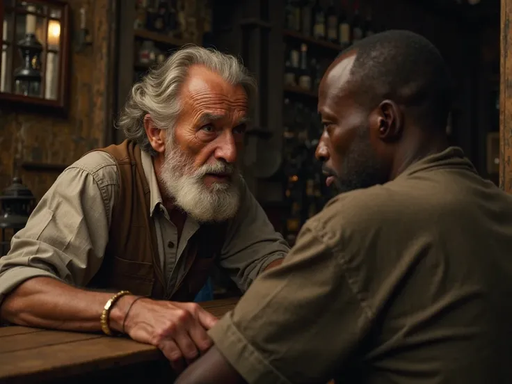 In a medium shot, the focus is solely on Bento, an elderly, bearded man with deep wrinkles, and Adão, a black man. They are engaged in a conversation, with Bento looking at Adão intently while speaking. The atmosphere around them remains rustic, with the w...