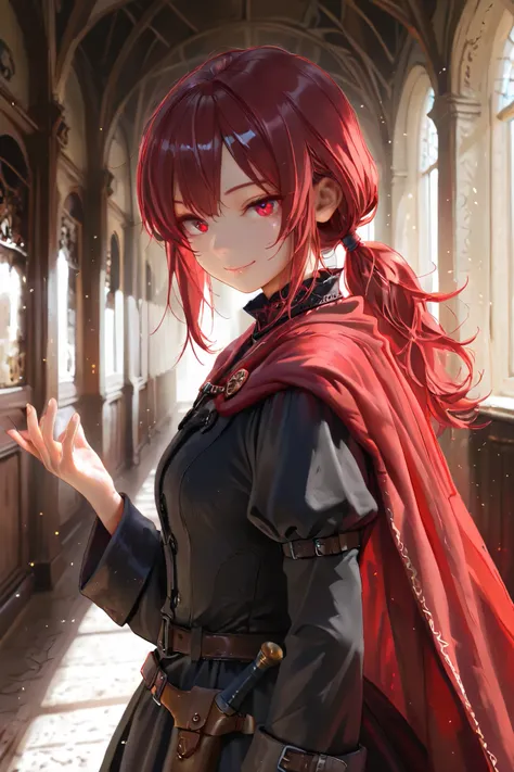 masterpiece, best quality, detailed eyes, semi realistic, 8k, girl, pure, emotionless, red low ponytail hair, red eye, fantasy hallway, black medieval luxury uniform with red accessories, nobility, red particle on her hand, little bit smile, red fluffy cap...