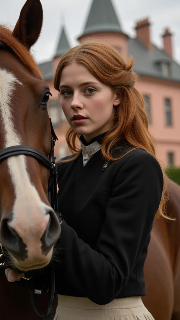 Show me a 17-year-old girl,  wavy redhead ,  brown eyes,beautiful, elegant with a haughty and wicked look, wearing a riding suit, elegant according to the 1910 era, that is caressing the horse, Background a rose mansion