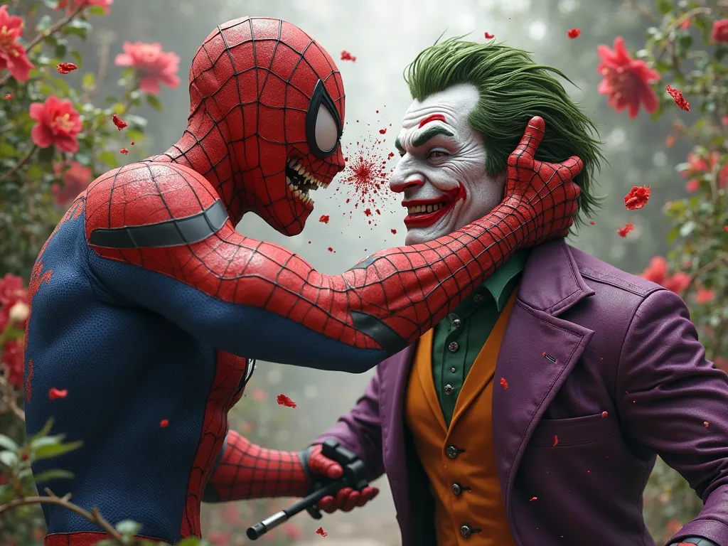  spiderman punching joker nose bloody,at flower garden, realistic . 