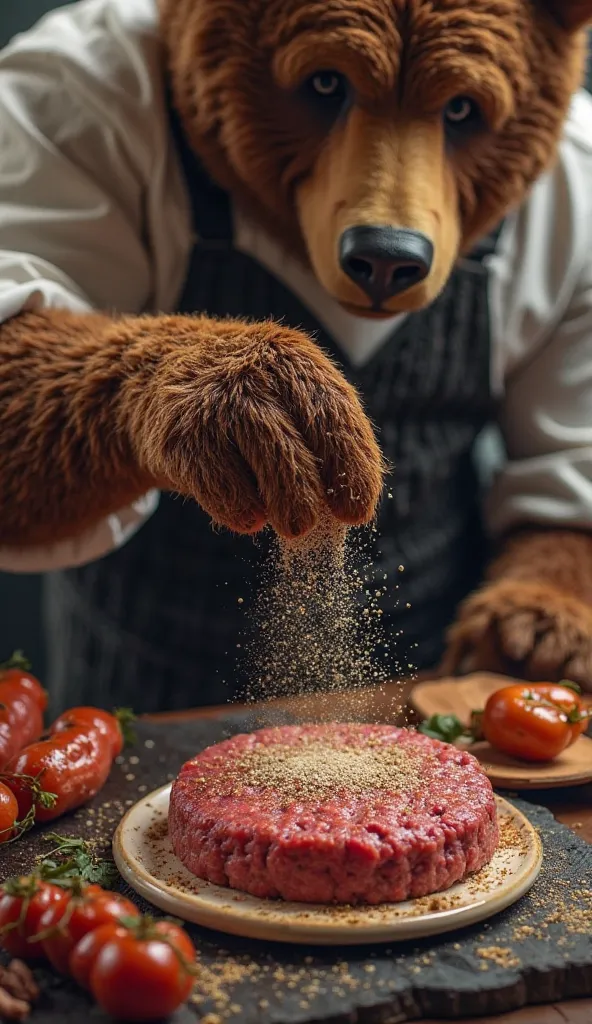 "Chef Bear seasons a thick burger patty with salt, pepper, and secret spices. Next to it, a few sausage links are prepared on a separate plate. The bear sprinkles seasoning with flair, adding a gourmet touch. The ingredients are ready for grilling, and the...