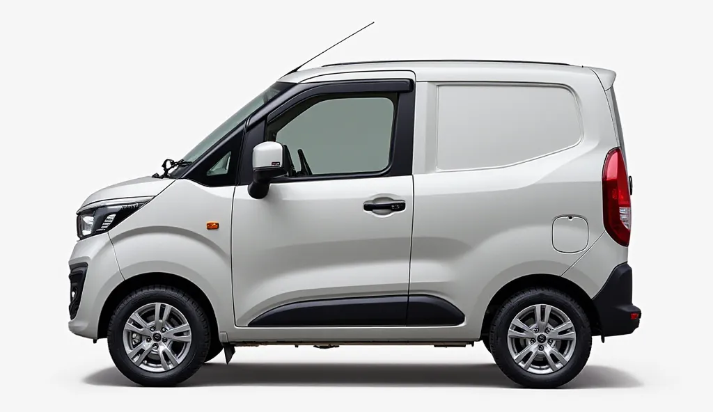 A realistic image of the 2025 Tata Magic, showcasing its right-side view. The vehicle is a compact commercial minivan with a sturdy and practical design. It has a boxy structure for maximum interior space, a sliding passenger door on the right side, and a ...