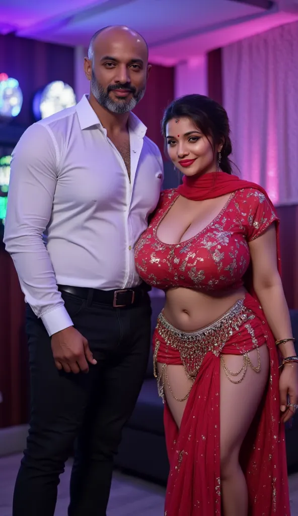 Indian couple in club private room with disco lights a matured black skin bodybuilder old mature man and a sexy white skin woman, tall woman with fat thick curvy mom body physique, woman with a small black dot bindhi and red sindoor, woman with black ponyt...