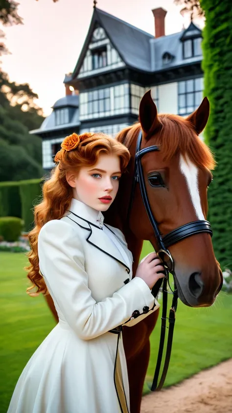 Show me a 17-year-old girl,  wavy redhead , amber eyes,beautiful, elegant with a haughty and wicked look, wearing a riding suit, elegant according to the 1910 era, that is caressing the horse, Background a rose mansion