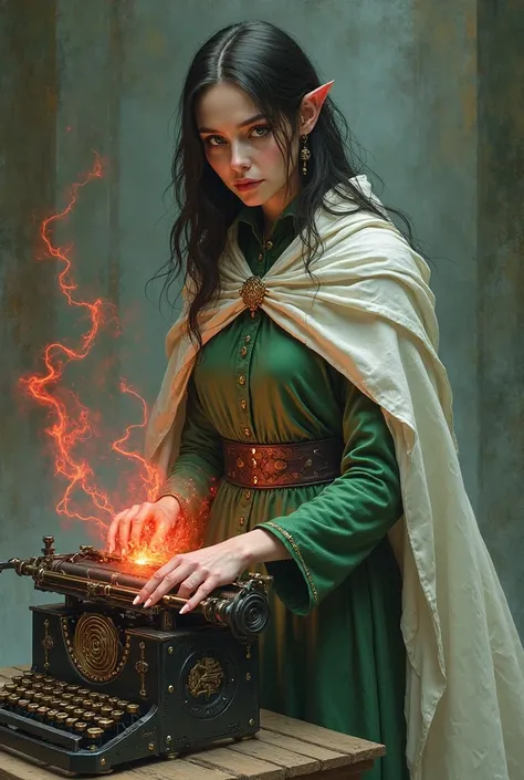 Pale-skinned, hook-nosed, brunette woman with sage green eyes. Wearing a green robe and white cloak. Siphoning red energy out of a magical typewriter with a circular portal on top. 