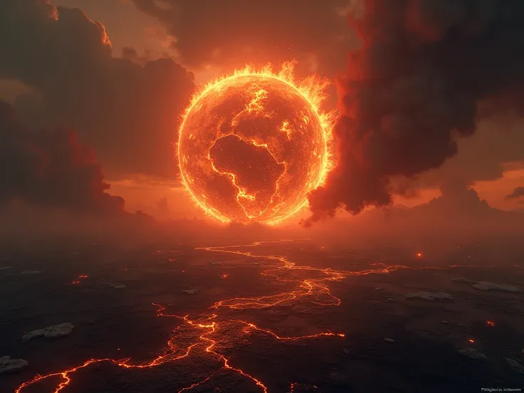 A compelling background showing a burning Earth, with flames erupting across continents, symbolizing an environmental catastrophe caused by extreme heat and climate change.