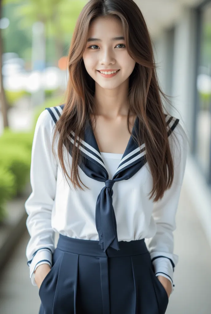 This high-quality photograph captures full body of a beautiful Japanese woman 19 years old with long, wavy brown hair and light skin, looking at viewer, sweet smile. She is thai junior high school uniform. She walking down the stair. The image was likely t...