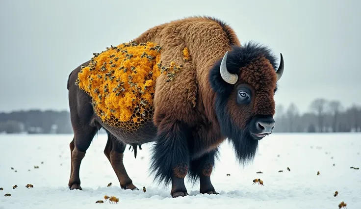 A surreal American Bison standing in a snowy landscape, its thick fur partially transformed into a living beehive. Honeycomb structures with golden honey oozing out cover its back, while clusters of bees buzz around, tending to the hive embedded in its coa...