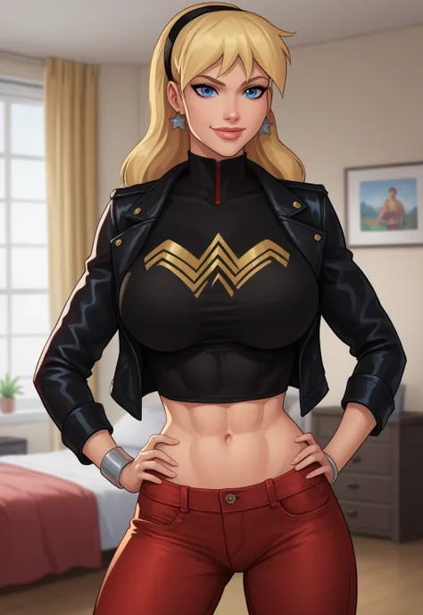 safe_pos, PonyXLV6_Scores BREAK (((parody style, parody:1.2)), perfect anatomy, cowboy shot) 1girl, blonde hair, blue eyes, ((looking at viewer)), hairband, black leather jacket, star earrings, red jeans, curvy,  athletic, standing, hand on hip, indoors, b...