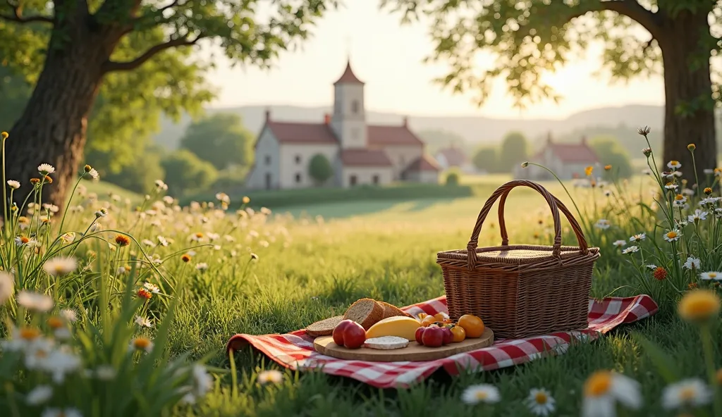 A mediaeval realistic photographic scenic meadow  with picnic ingredients and food in a distance ( scenery only)