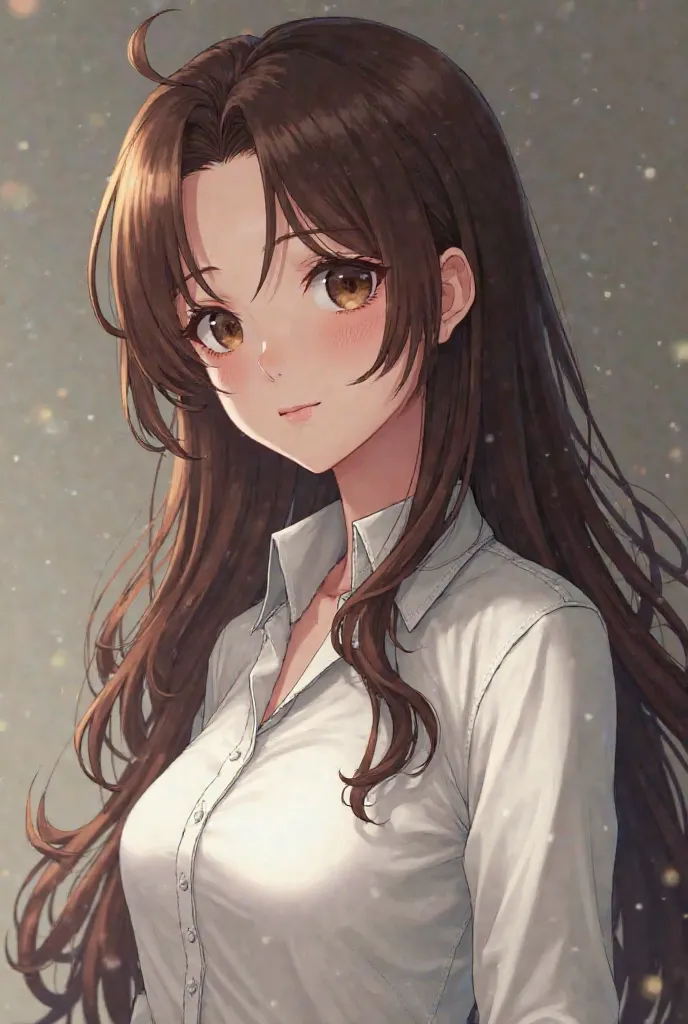 Long brown-haired anime girl, realism art style , Perfect ,  HD realistic, Tifa Lockhart brunette, hyper  realistic shadow  , photorealism art style , 🌺 CG Society ,  realistic shadow  , rich in detail , HD Style Wearing a white shirt suit Anime Style. 8k.