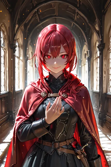 masterpiece, best quality, detailed eyes, semi realistic, 8k, girl, pure, emotionless, red low ponytail hair, red eye, fantasy hallway, black medieval luxury uniform with red accessories, nobility, red particle on her hand, little bit smile, red fluffy cap...