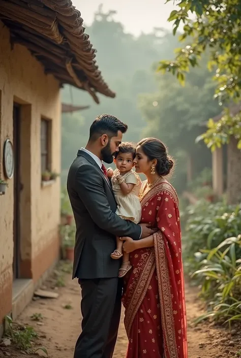 Test match dress virat Kohli with wife anushaka Sharma and son akaay Kohli together old home village type 