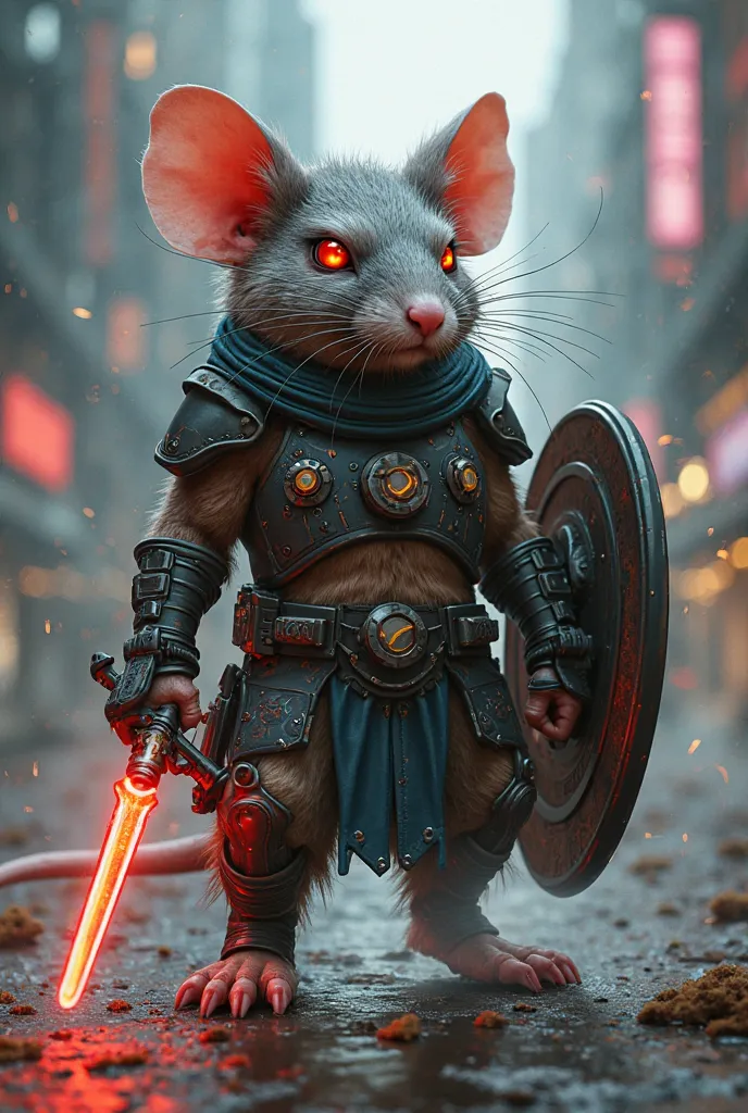 A fierce and battle-ready anthropomorphic rat warrior in a futuristic, cyberpunk-style armored suit. The rat has a determined expression, with glowing red cybernetic eyes and advanced high-tech gear. It holds a sleek energy sword in one hand and a futurist...