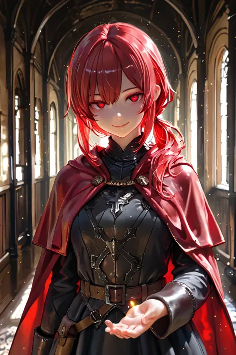 masterpiece, best quality, detailed eyes, semi realistic, 8k, girl, pure, emotionless, red low ponytail hair, red eye, fantasy hallway, black medieval luxury uniform with red accessories, nobility, red particle on her hand, little bit smile, red fluffy cap...