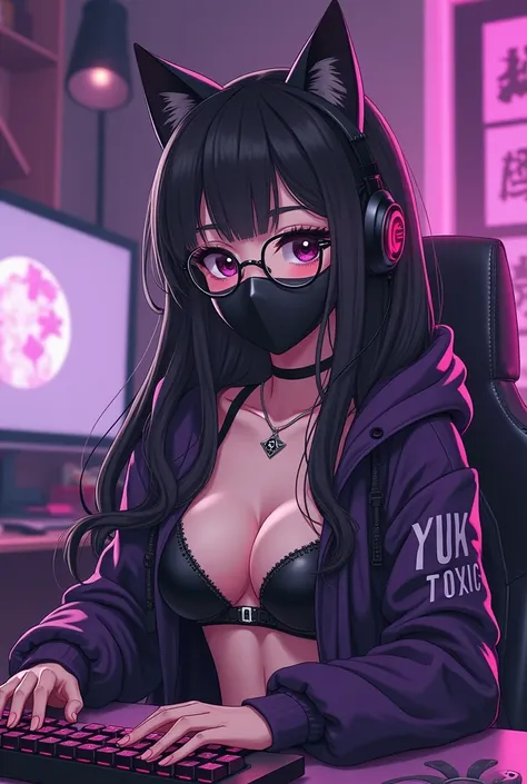 Sexy and cute female anime character, 22 years old, gamer, Pc gamer,  gamer keyboard , Mause gamer, gamer video game controller, Gamer ear plug with fake cat ears, long black hair, black eyes, black cloth flu mask, Large cold coat with fallen cap written Y...