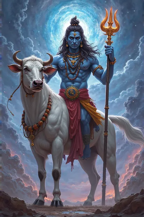 Shiva with Trident in hand with big white bull