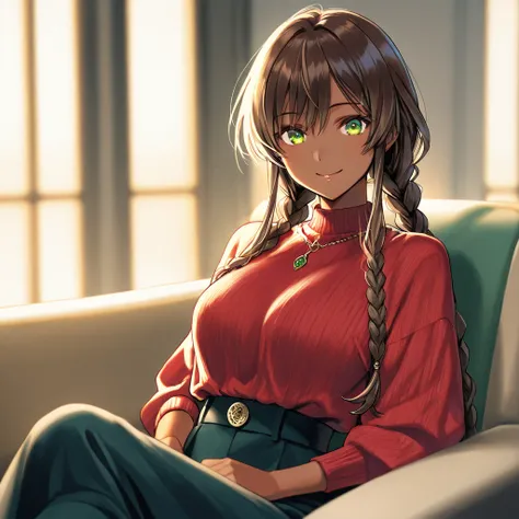 1woman. ((green eyes)), brown long hair in braids, smiling, dark-skinned woman, dressed in stylish hip-hop style clothes, sitting in the main office of a famous record label.