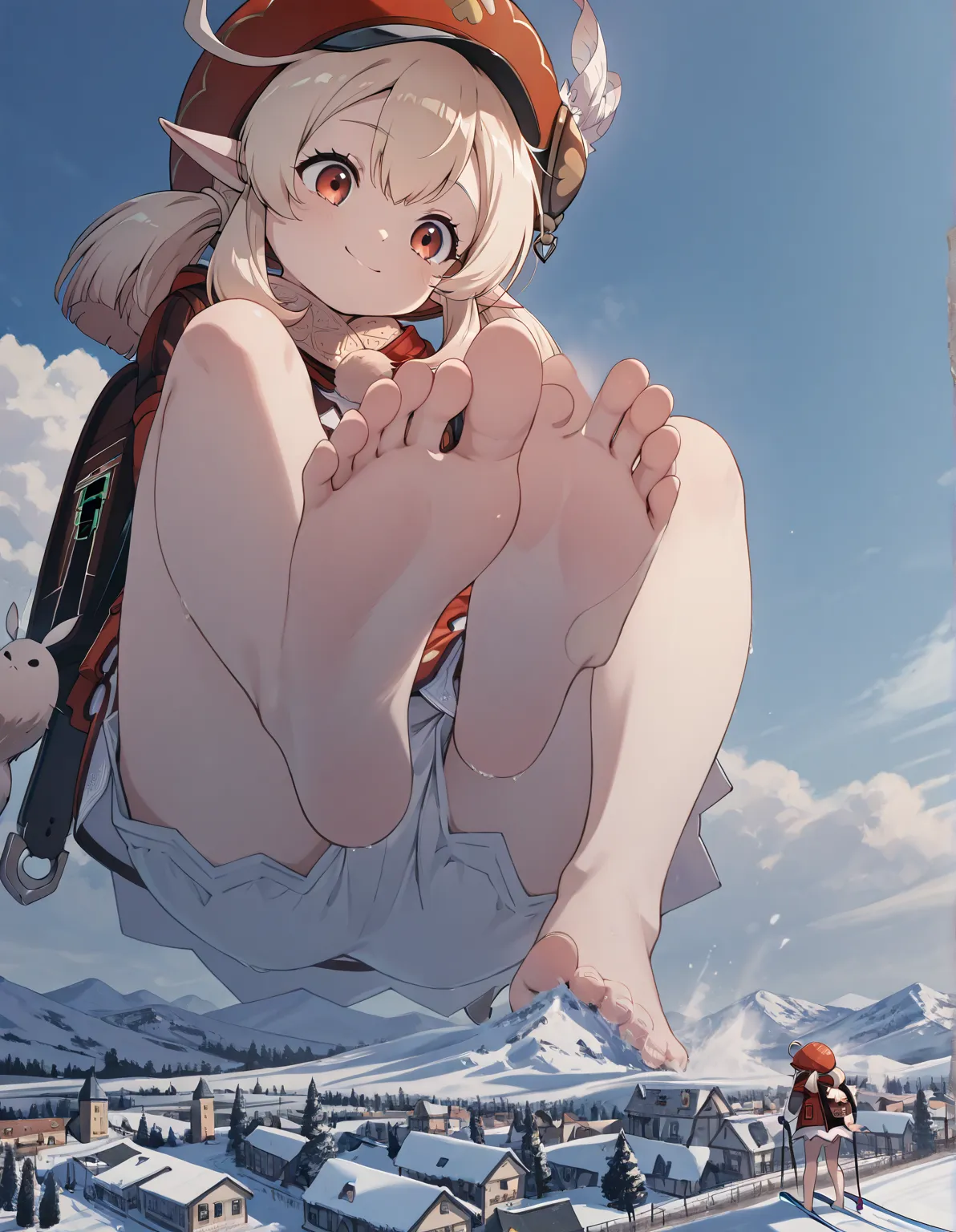 medium boobs when skiing, ( curvaceous), zzKlee,  long hair, bangs, red eyes,  hair between eyes, twintails, stupid hair, side lock, pointed ears , low twintails,  light brown hair,  gloves,  Long Sleeve,  above Decorati has , bag,  scarf,  comments, backp...