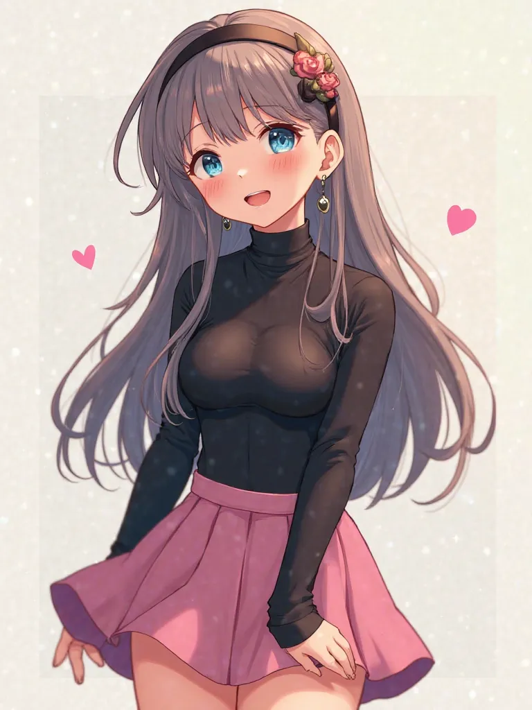 cute girl　black turtleneck、The length is short and the lower chest is visible　Pink miniskirt smiles,  blushes, very long hair,   headband, earrings,  blue eyes,  closing one eye , 