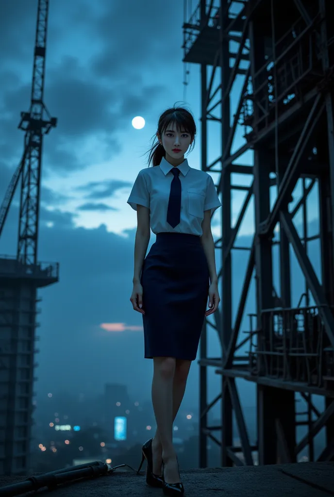 ((Sexy beautiful Japanese woman, a self defense officer uniform, wearing a white short-sleeved shirts, navy blue tie, navy blue pencil skirt, Black patent high heels, epaulette):1.5), beautiful hip-line, Beautiful thighs, brown hair, low ponytail, floating...